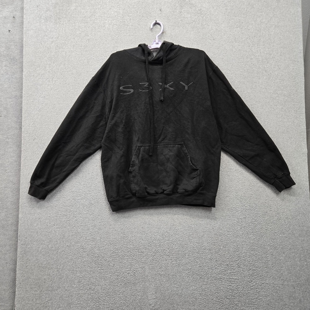 Tesla Men Hoodie Large Black S3xy Logo Print Fleece Drawstring Pocket Pullover
